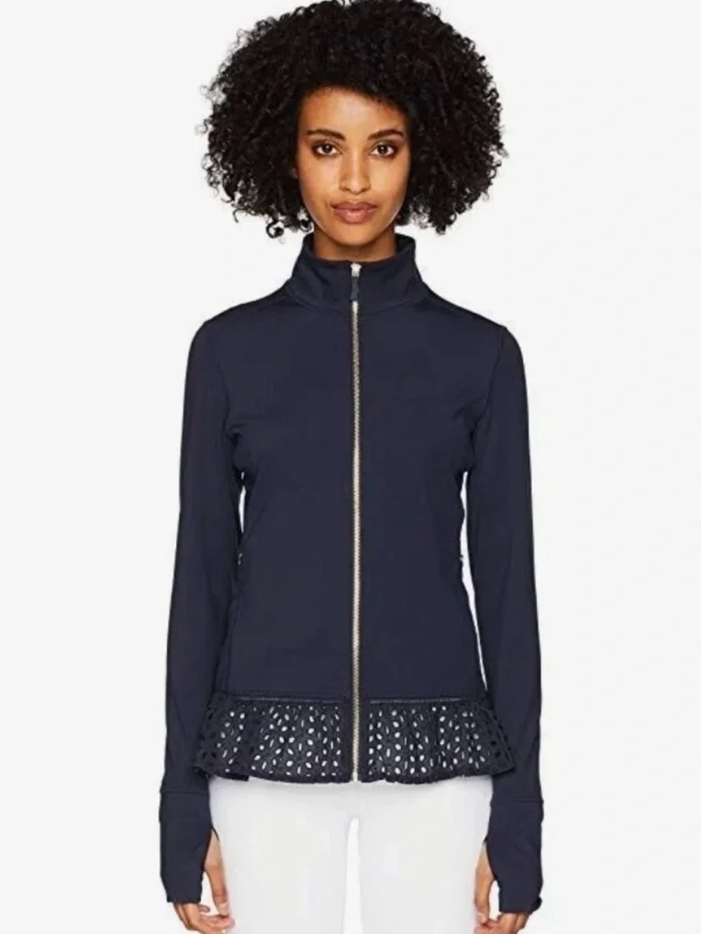 KATE SPADE ♠️ Womens Navy Full-Zip Jacket with Laser-Cut Peplum